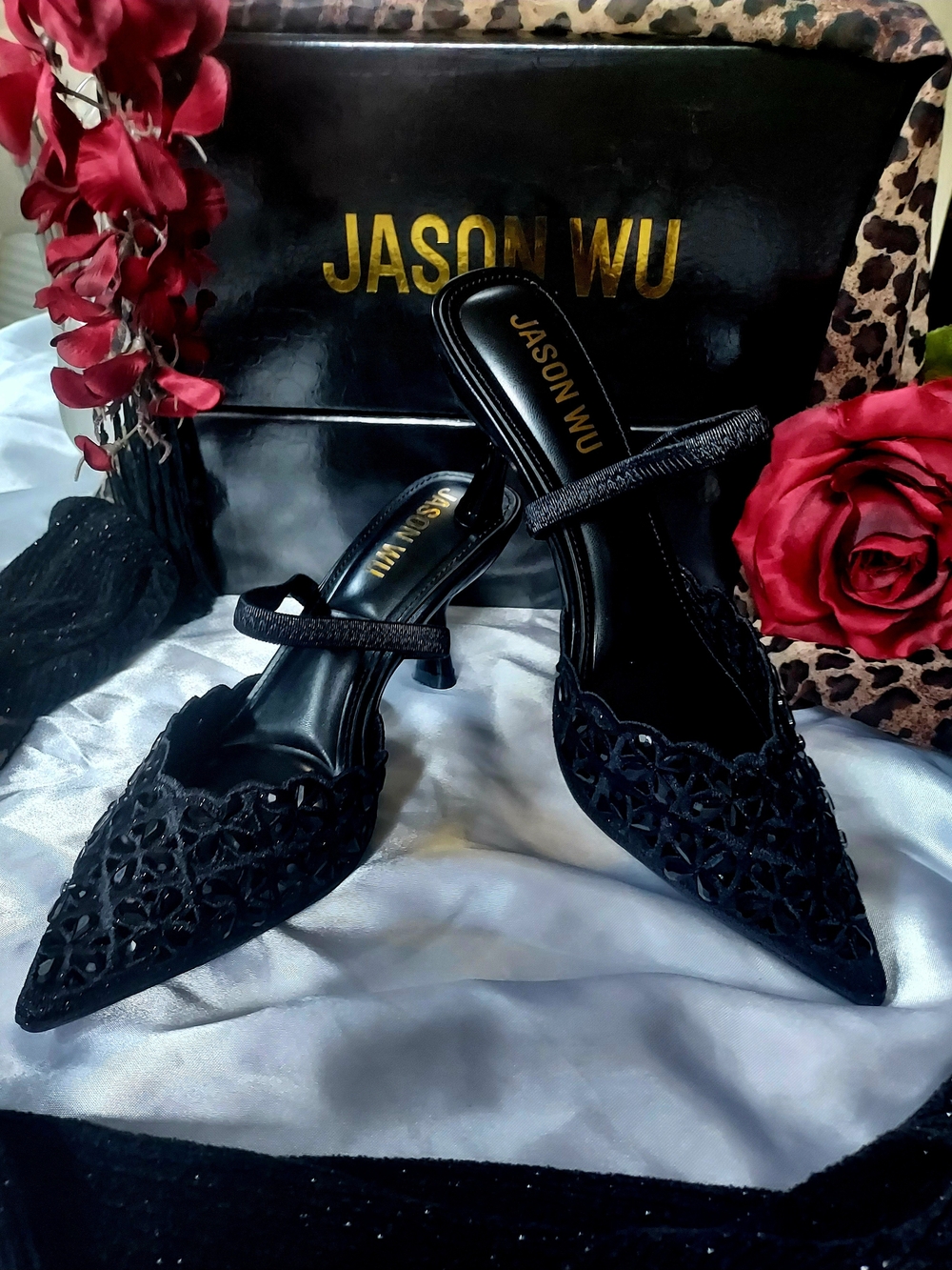 Jason Wu Black Laser-Cut Pointed Slingback Mules with Kitten Heel